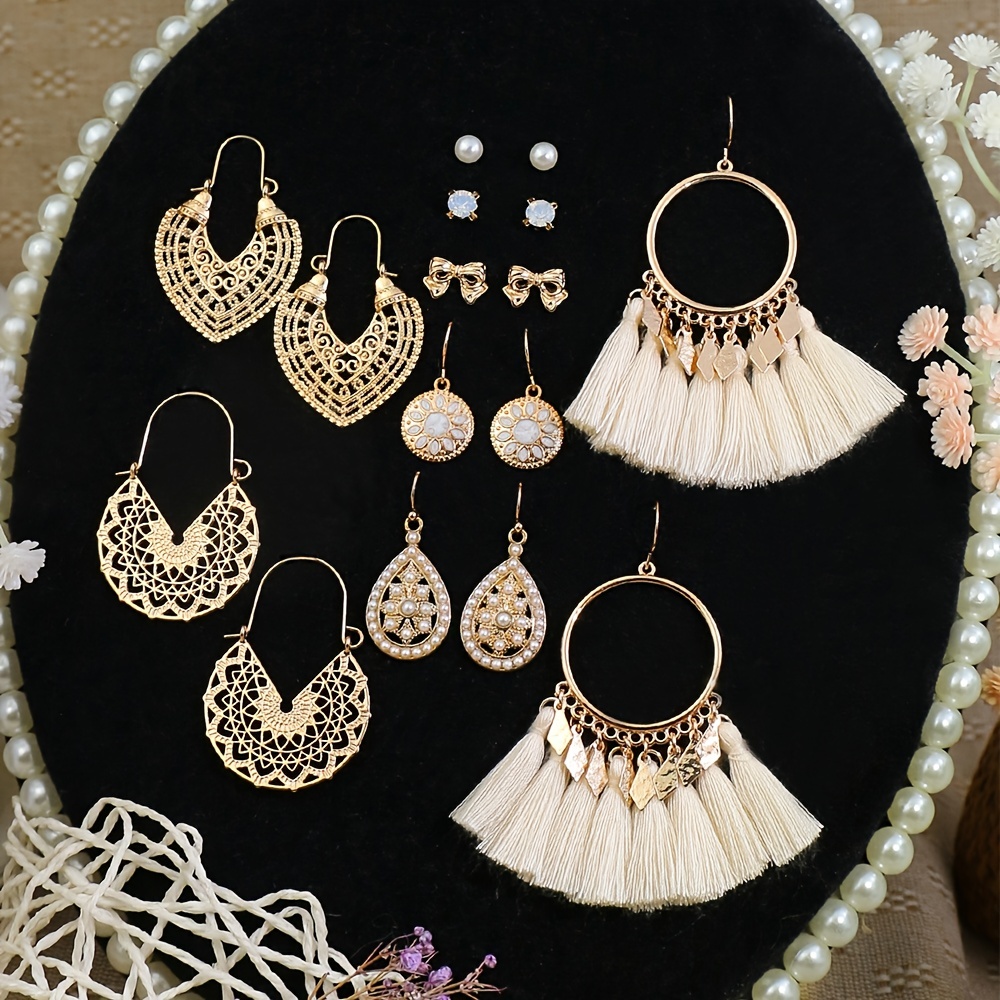 8 Pairs Women Stud Earrings Set Water Drop Round U Shape Tassel Bow Pearl Rhines